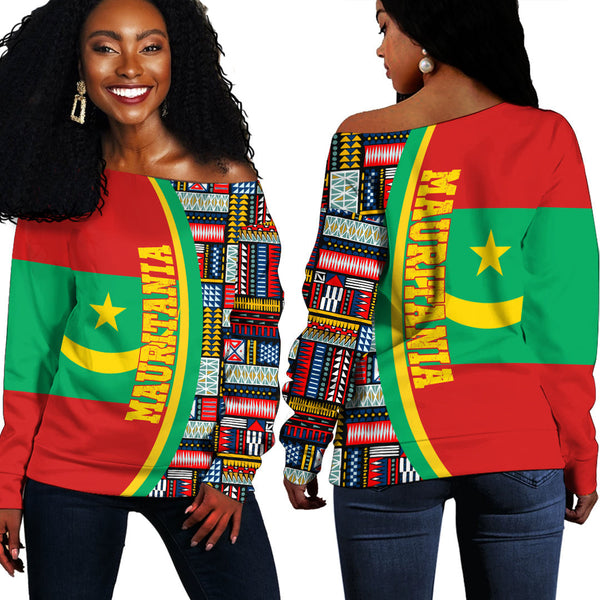 Mauritania Flag and Kente Pattern Special Women's Off Shoulder Sweatshirts