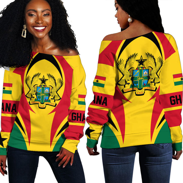 Ghana Action Flag Off Shoulder Sweatshirts