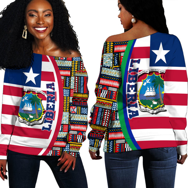 Liberia Flag and Kente Pattern Special Women's Off Shoulder Sweatshirts