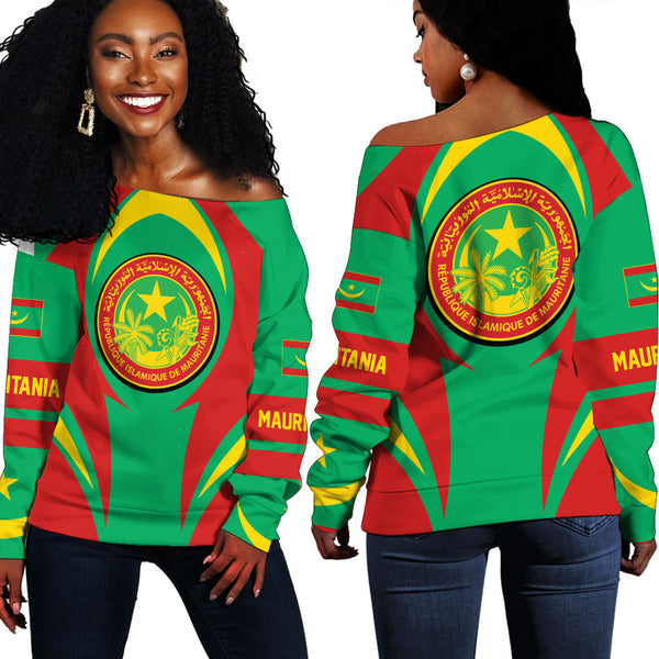 Mauritania Action Flag Off Shoulder Sweatshirts