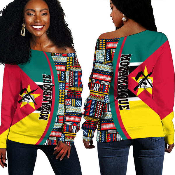 Mozambique Flag and Kente Pattern Special Women's Off Shoulder Sweatshirts