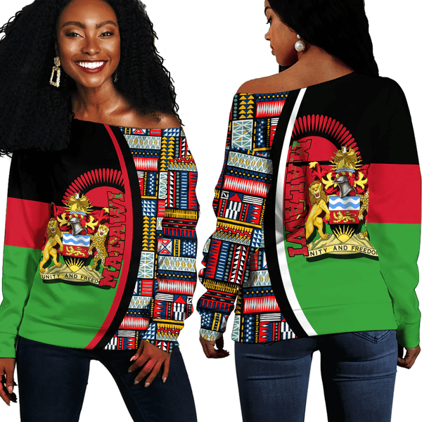 Malawi Flag and Kente Pattern Special Women's Off Shoulder Sweatshirts