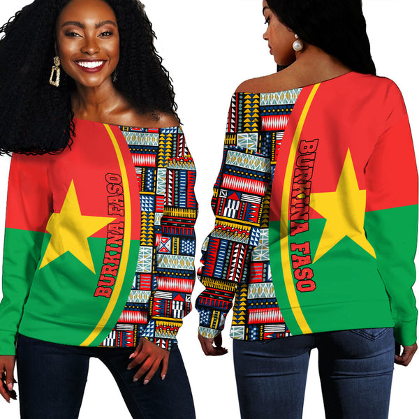 Burkina Faso Flag and Kente Pattern Special Women's Off Shoulder Sweatshirts