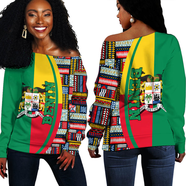 Benin Flag and Kente Pattern Special Women's Off Shoulder Sweatshirts