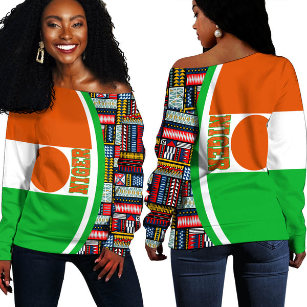 Niger Flag and Kente Pattern Special Women's Off Shoulder Sweatshirts