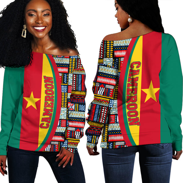 Cameroon Flag and Kente Pattern Special Women's Off Shoulder Sweatshirts