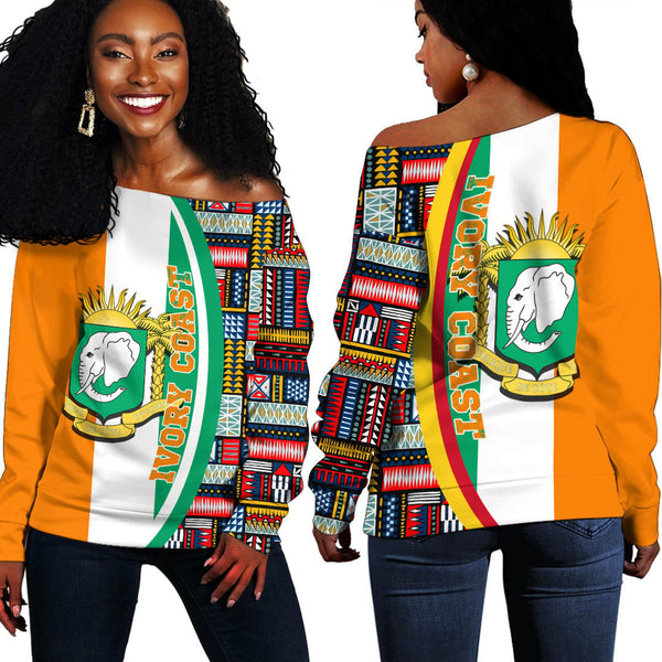 Ivory Coast Flag and Kente Pattern Special Women's Off Shoulder Sweatshirts