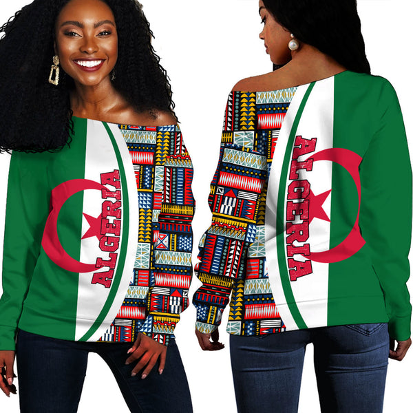 Algeria Flag and Kente Pattern Special Women's Off Shoulder Sweatshirts