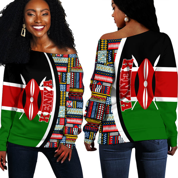 Kenya Flag and Kente Pattern Special Women's Off Shoulder Sweatshirts