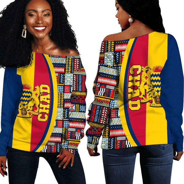 Chad Flag and Kente Pattern Special Women's Off Shoulder Sweatshirts