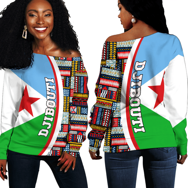 Djibouti Flag and Kente Pattern Special Women's Off Shoulder Sweatshirts