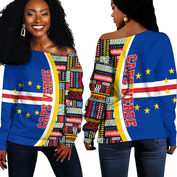 Cape Verde Flag and Kente Pattern Special Women's Off Shoulder Sweatshirts