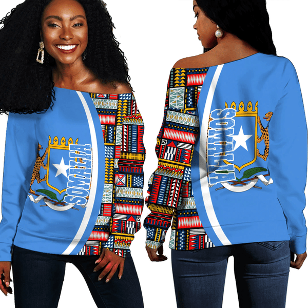 Somalia Flag and Kente Pattern Special Women's Off Shoulder Sweatshirts