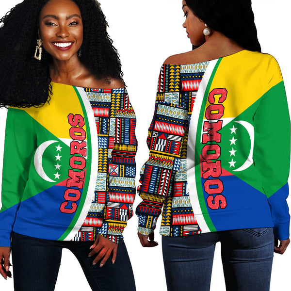 Comoros Flag and Kente Pattern Special Women's Off Shoulder Sweatshirts