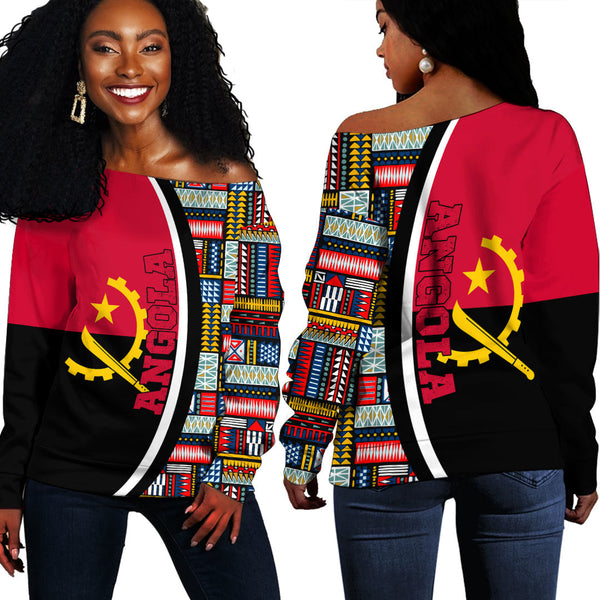 Angola Flag and Kente Pattern Special Women's Off Shoulder Sweatshirts