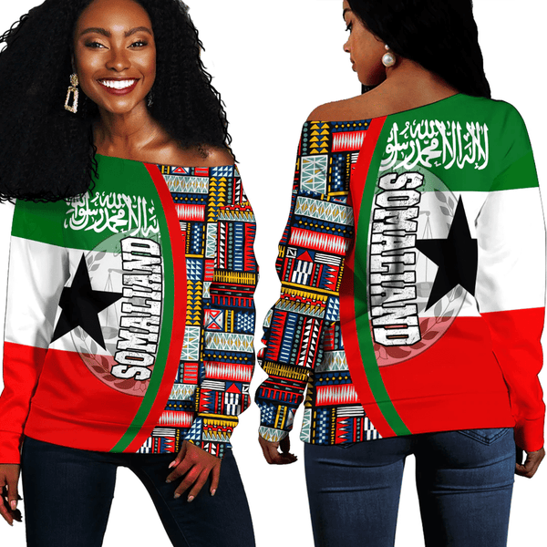 Somaliand Flag and Kente Pattern Special Women's Off Shoulder Sweatshirts