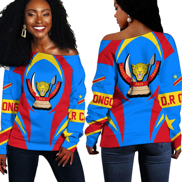 Democratic Republic Of The Congo Action Flag Off Shoulder Sweatshirts