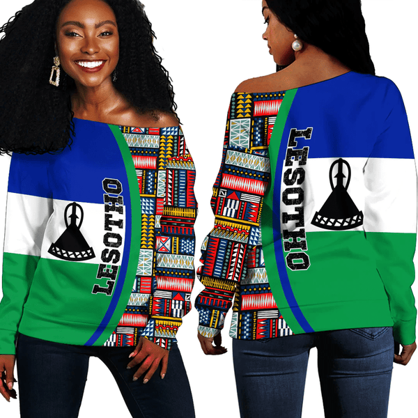 Lesotho Flag and Kente Pattern Special Women's Off Shoulder Sweatshirts