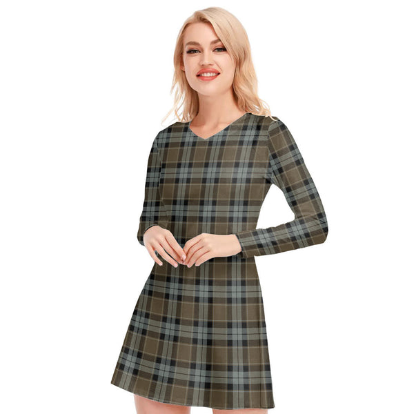 Graham of Menteith Weathered Tartan Plaid V-neck Long Sleeve Dress