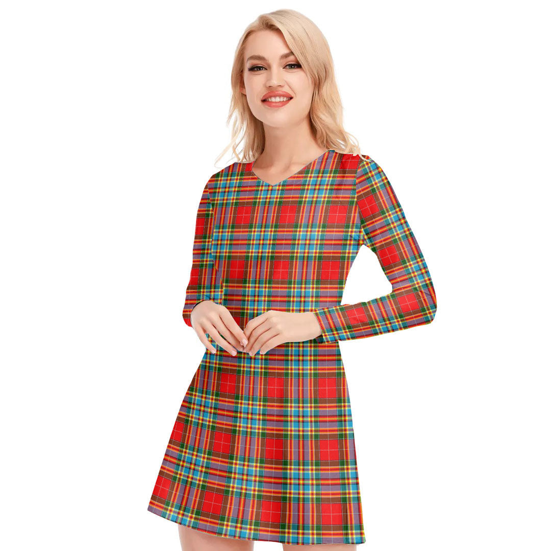 Chattan Tartan Plaid V-neck Long Sleeve Dress