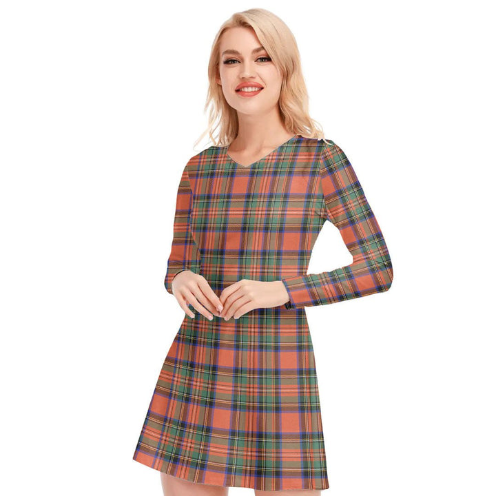 Stewart Royal Ancient Tartan Plaid V-neck Long Sleeve Dress
