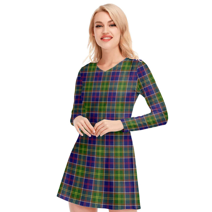 Ayrshire District Tartan Plaid V-neck Long Sleeve Dress