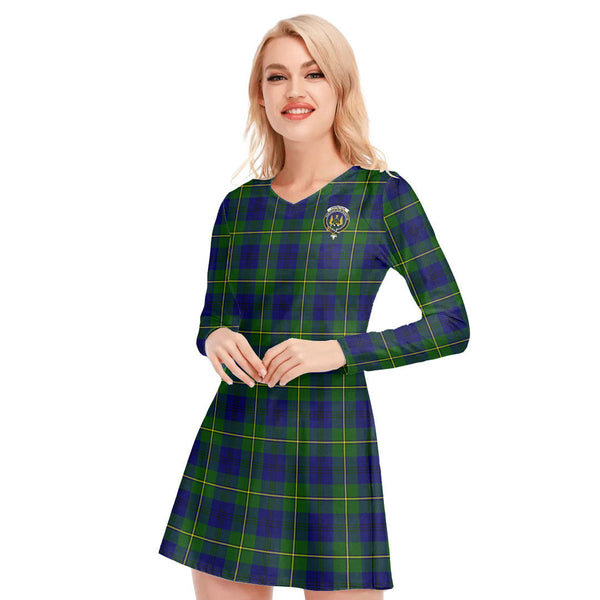 Johnston Modern Tartan Crest V-neck Long Sleeve Dress