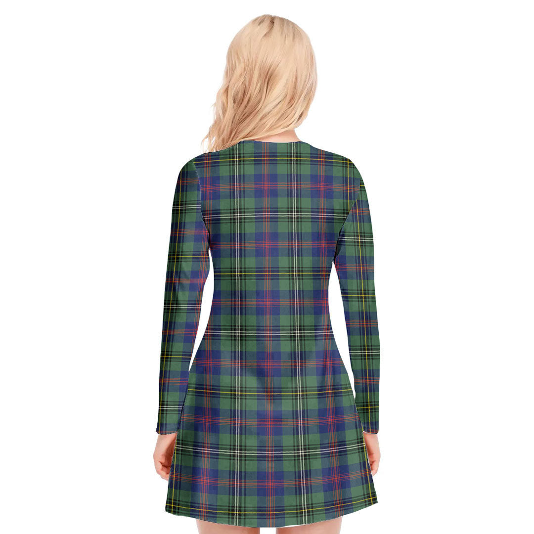 Wood Modern Tartan Crest V-neck Long Sleeve Dress