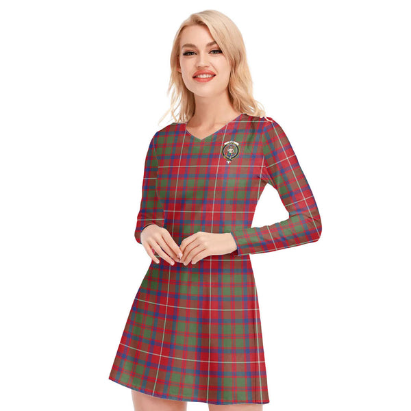 Shaw Red Modern Tartan Crest V-neck Long Sleeve Dress