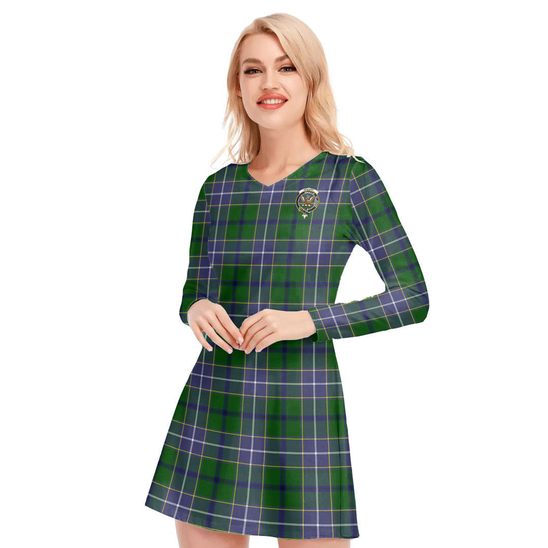 Wishart Hunting Modern Tartan Crest V-neck Long Sleeve Dress