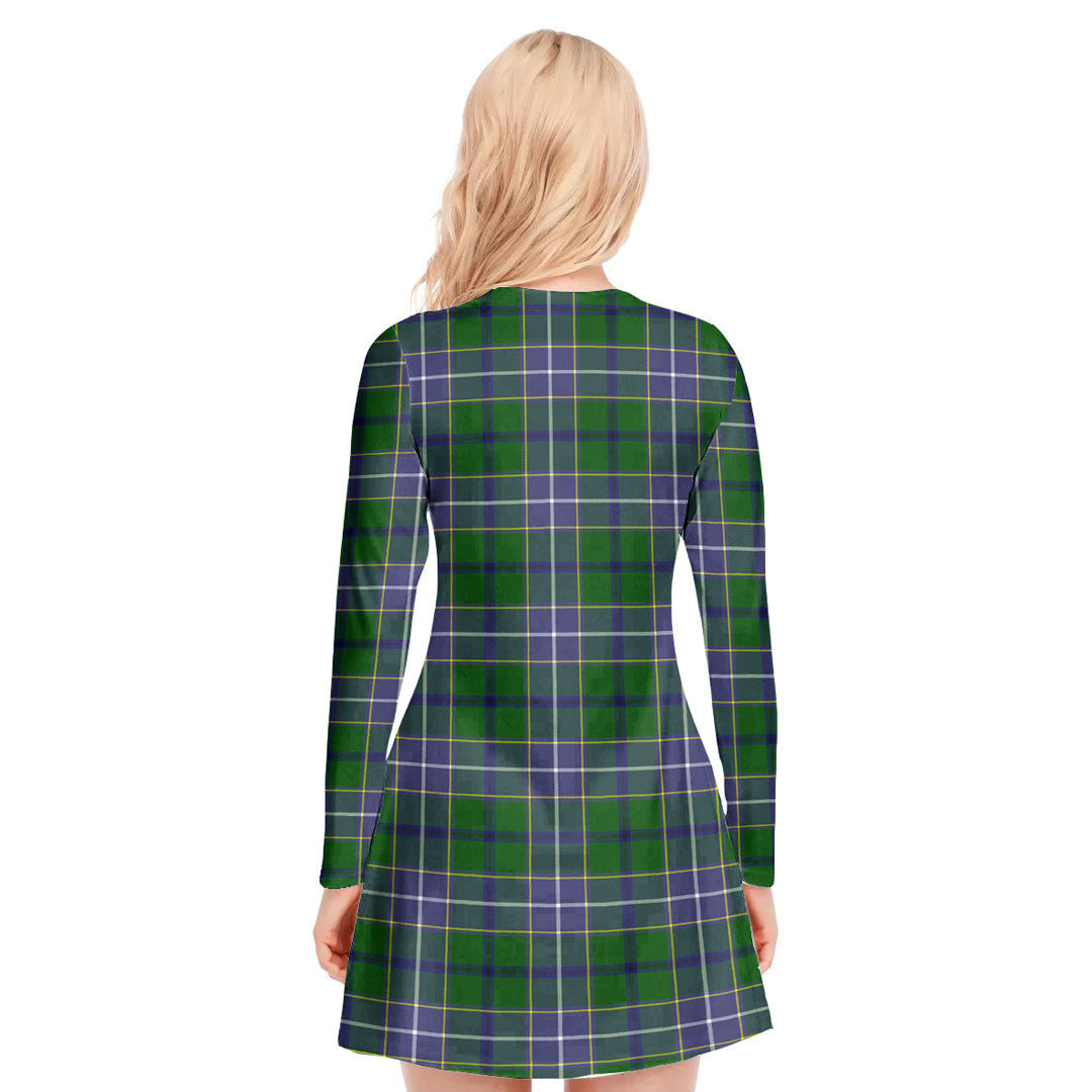 Wishart Hunting Modern Tartan Crest V-neck Long Sleeve Dress