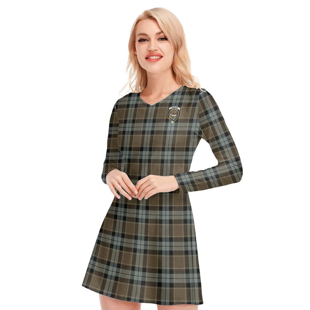 Graham of Menteith Weathered Tartan Crest V-neck Long Sleeve Dress