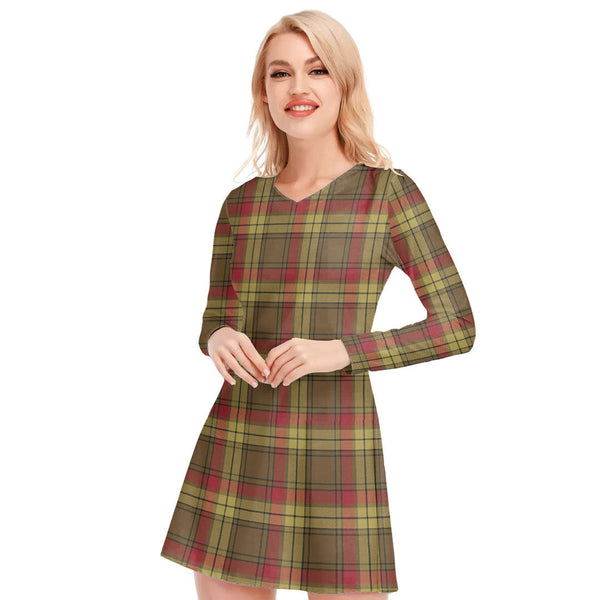 MacMillan Old Weathered Tartan Plaid V-neck Long Sleeve Dress