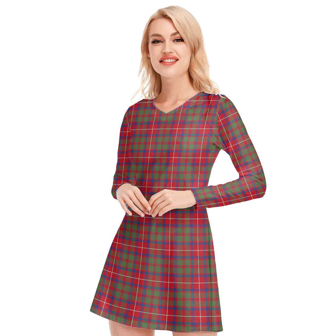 Shaw Red Modern Tartan Plaid V-neck Long Sleeve Dress