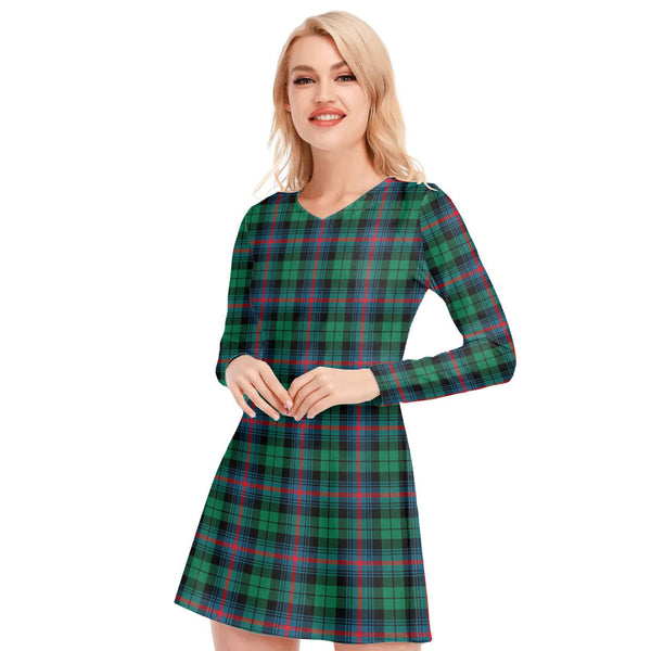 Urquhart Broad Red Ancient Tartan Plaid V-neck Long Sleeve Dress