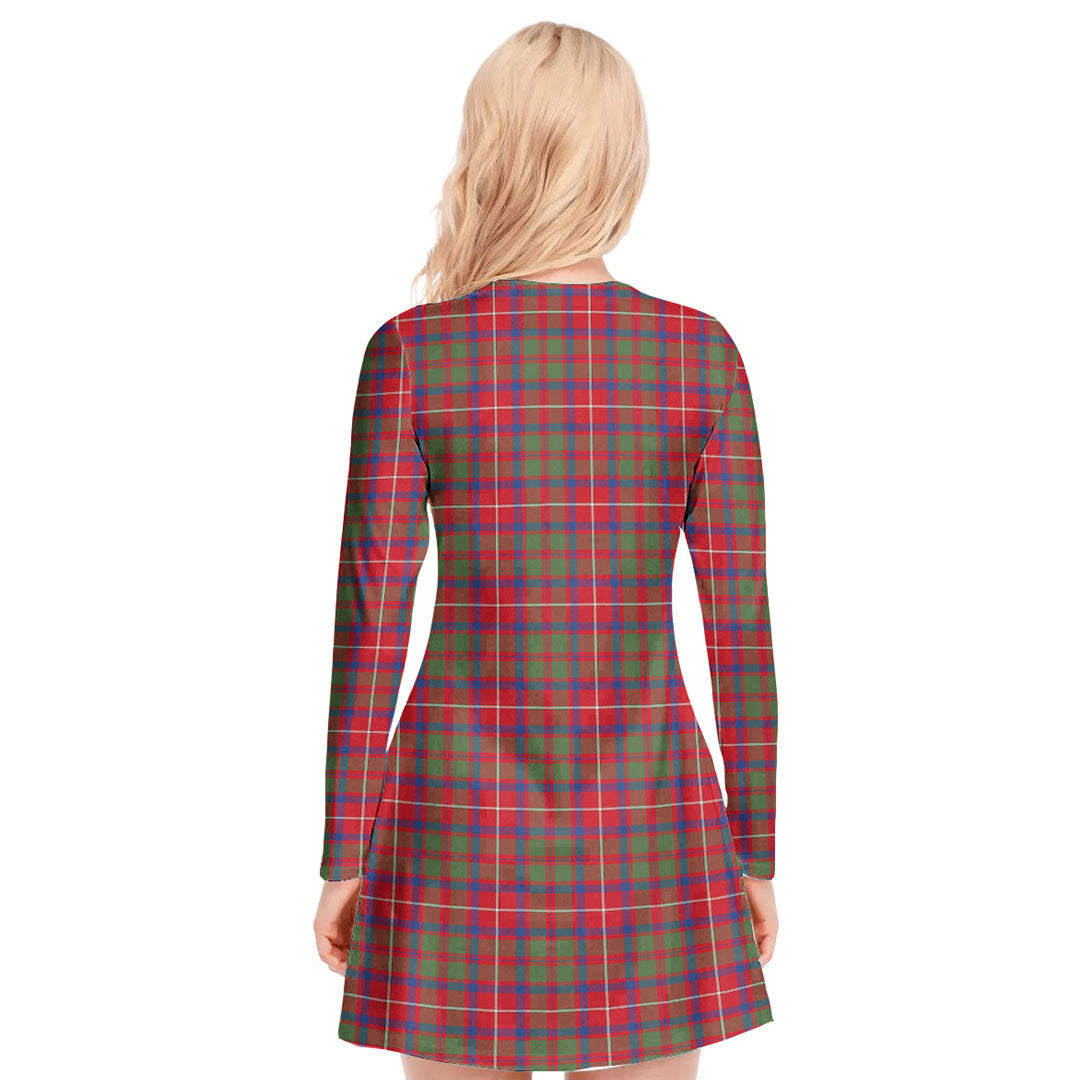 Shaw Red Modern Tartan Plaid V-neck Long Sleeve Dress