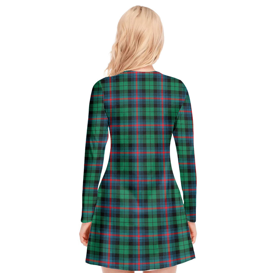 Urquhart Broad Red Ancient Tartan Plaid V-neck Long Sleeve Dress