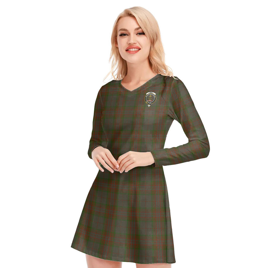 Gray Tartan Crest V-neck Long Sleeve Dress