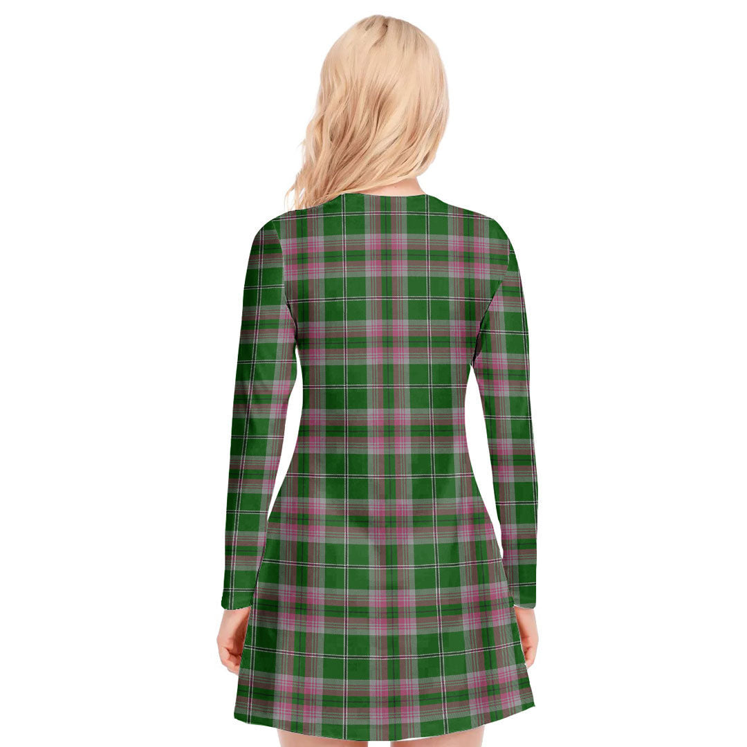 Gray Hunting Tartan Plaid V-neck Long Sleeve Dress