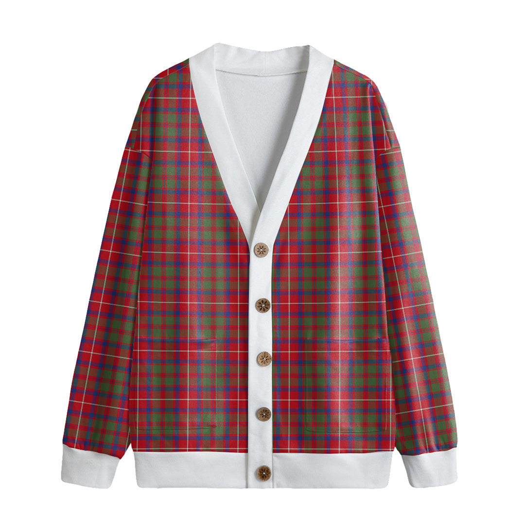 Shaw Red Modern Tartan Plaid Knitted Fleece Cardigan