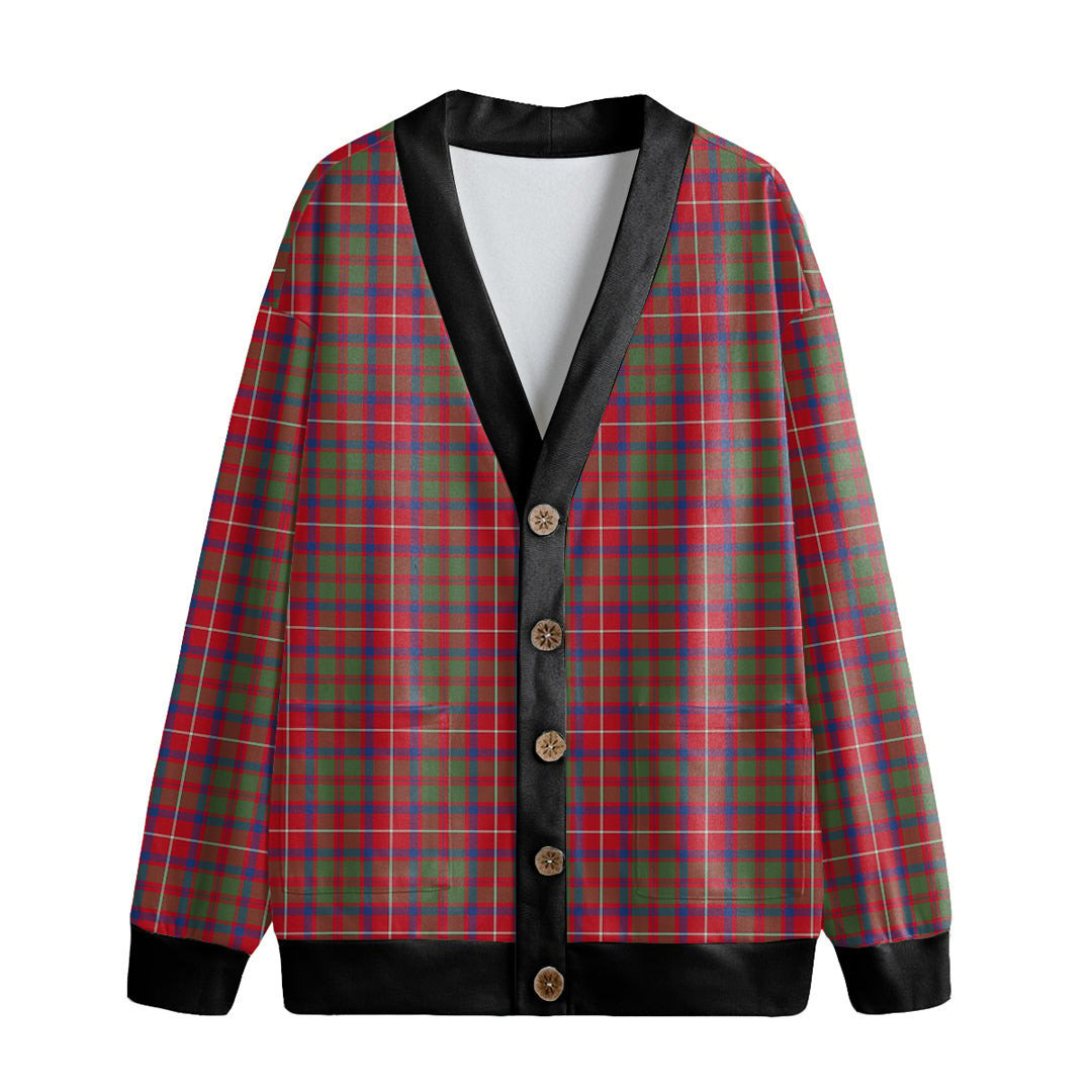 Shaw Red Modern Tartan Plaid Knitted Fleece Cardigan