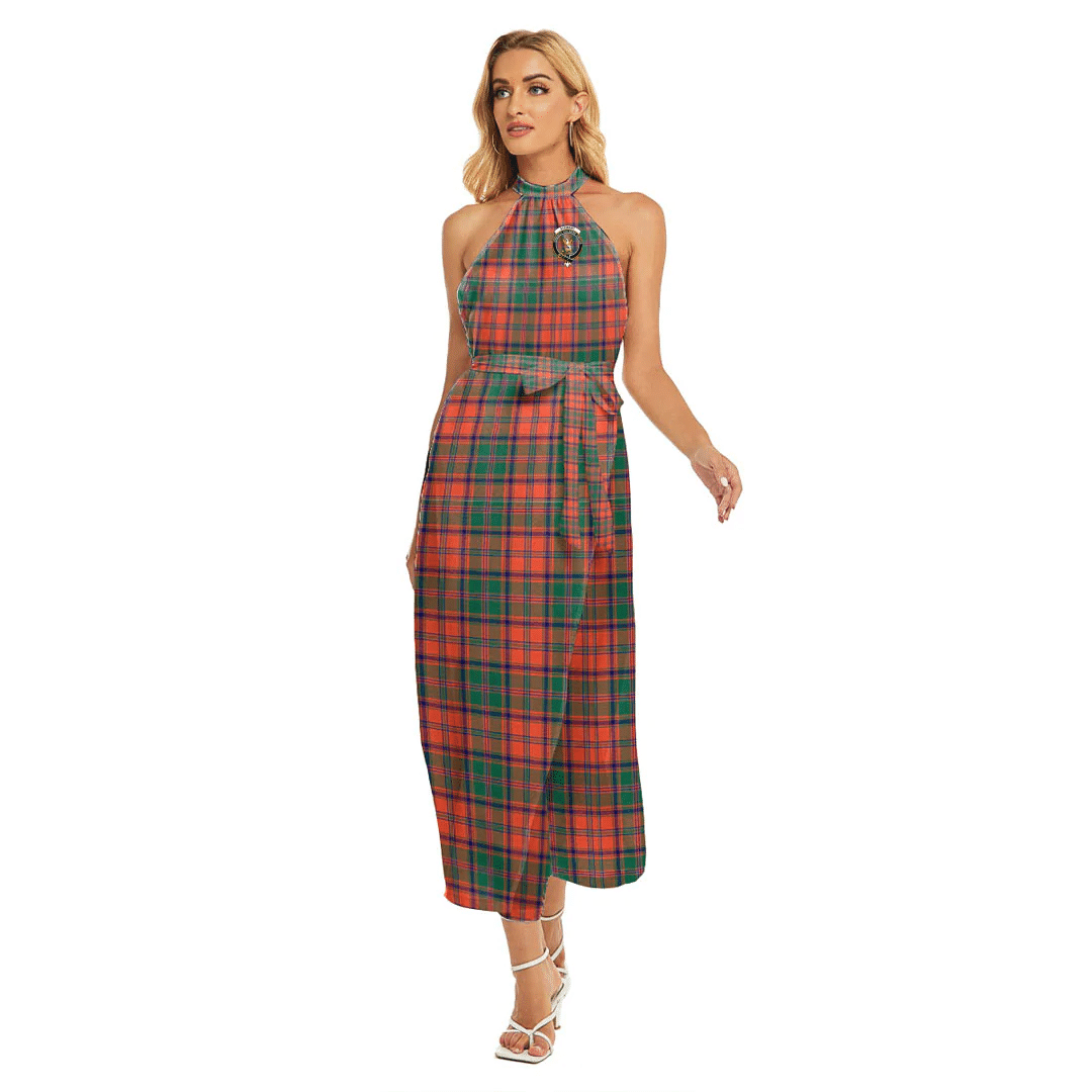 Stewart of Appin Ancient Tartan Crest Wrap Hem Belted Halter Dress