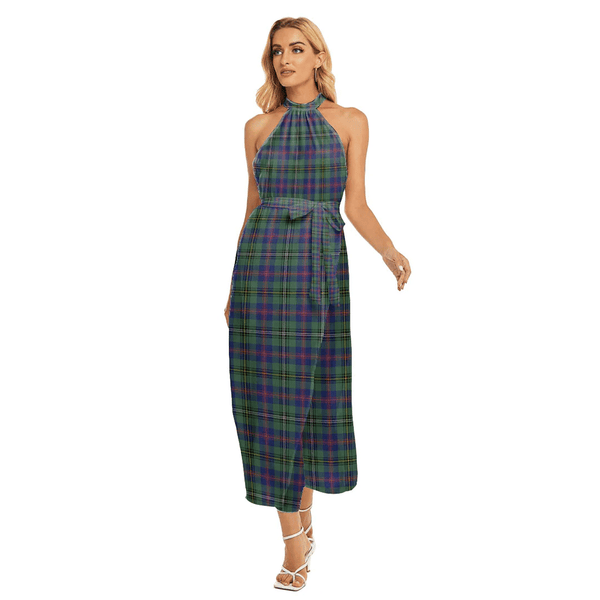 Wood Modern Tartan Plaid Wrap Hem Belted Halter Dress