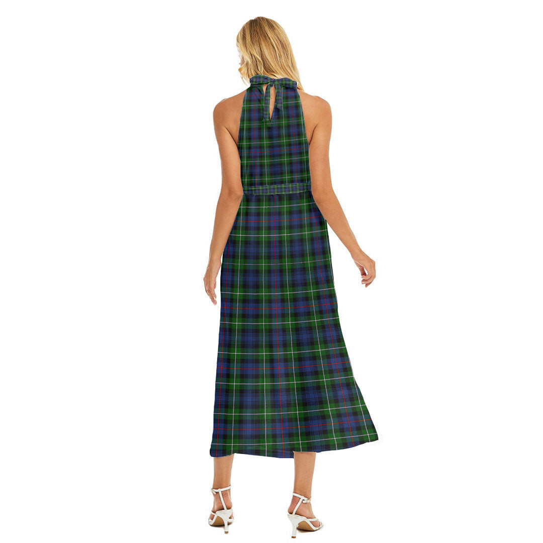 MacKenzie Modern Tartan Plaid Wrap Hem Belted Halter Dress