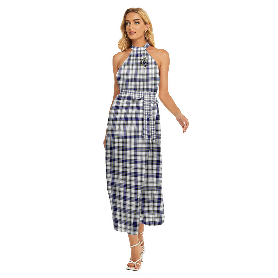 Hannay Modern Tartan Crest Wrap Hem Belted Halter Dress