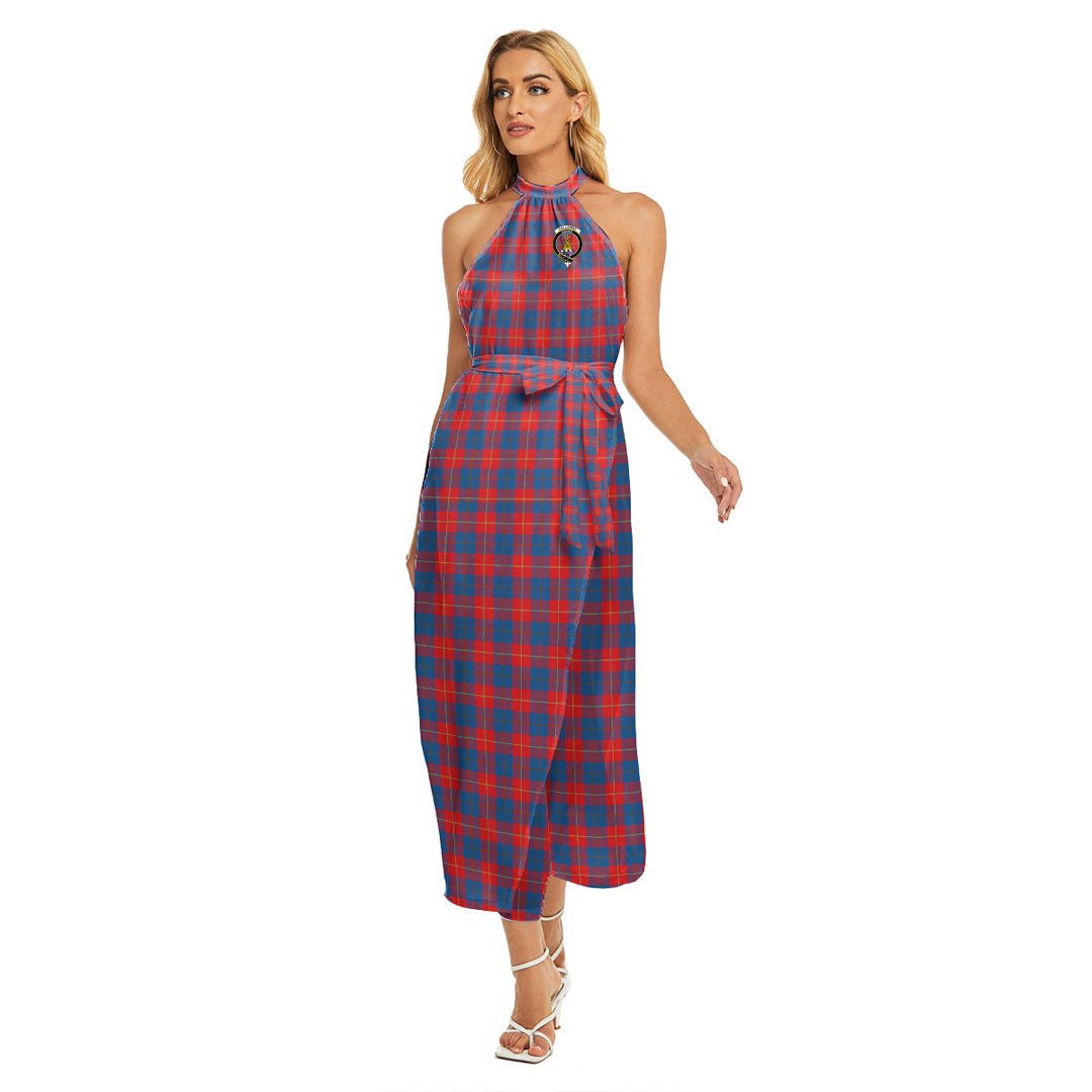 Galloway Red Tartan Crest Wrap Hem Belted Halter Dress