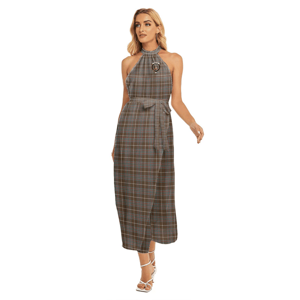 MacIntyre Hunting Weathered Tartan Crest Wrap Hem Belted Halter Dress