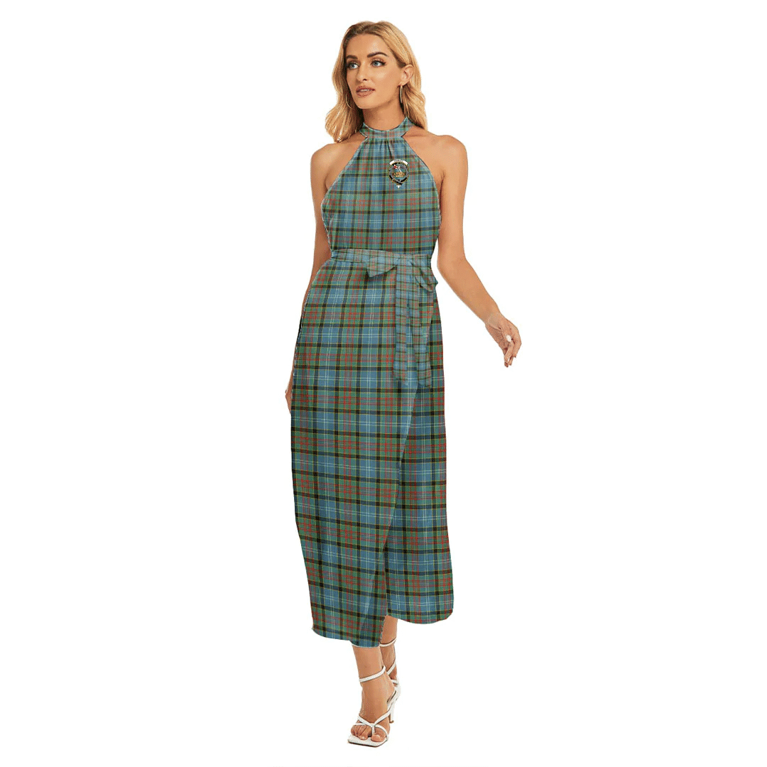 Paisley District Tartan Crest Wrap Hem Belted Halter Dress