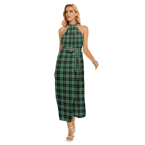 Wallace Hunting Ancient Tartan Crest Wrap Hem Belted Halter Dress