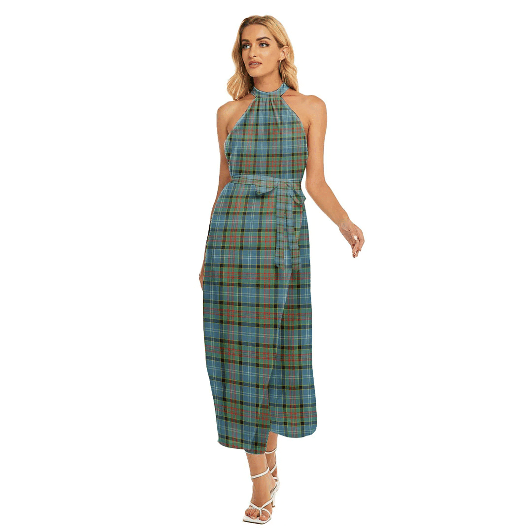 Paisley District Tartan Plaid Wrap Hem Belted Halter Dress